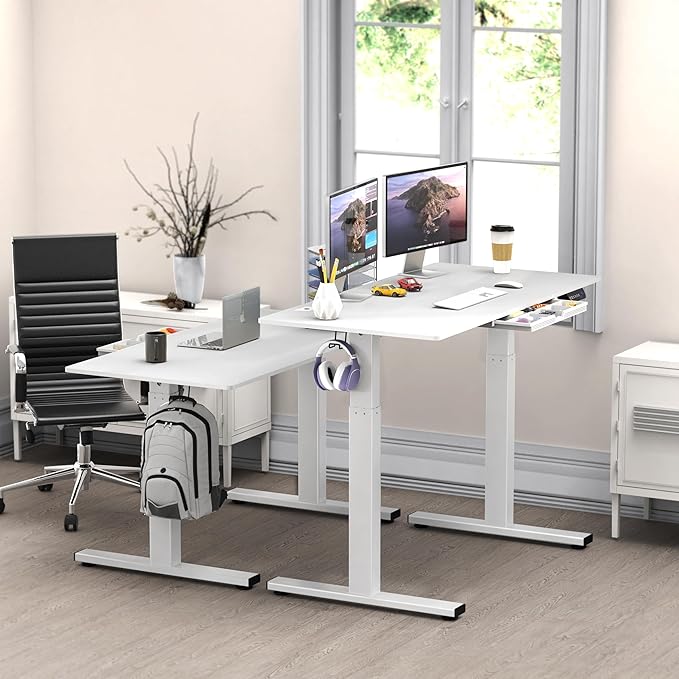 SHW 48-Inch Electric Height Adjustable Standing Desk with Drawer, Memory Preset and Cable Management Tray, White-DeskLoop Office