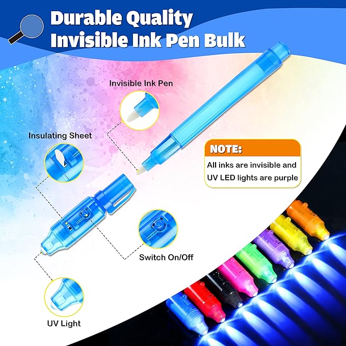 GIFTINBOX Invisible Ink Pen, 16PCS Spy Pen with UV Light for Kids, Birthday Party Favors for Kids 4-8 8-12, Classroom Prize for Students Magic Marker for Secret Message-DeskLoop Office