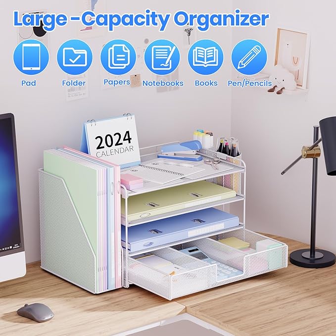 Desk Organizer and Accessories, 4-Tier Desktop File Organizer with Drawer and 2 Pen Holders, Office Desk Accessories for Office Supplies(White)-DeskLoop Office