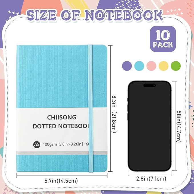10 Pack Bullet Dotted Journal Notebook Bulk, A5 Dot Grid Notebook with 100 GSM Paper, Leather Hardcover Dotted Journal with 160 Pages for Women Men Writing Journaling Planning, 5.7 x 8.3 Inch-DeskLoop Office