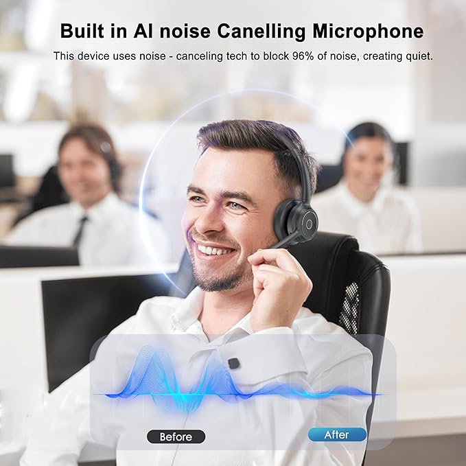 (2025 Upgraded) Wireless Headset with Mic for Work, Bluetooth Headset with Noise Canceling Microphone, Wireless On Ear Headphones with USB Dongle and Mute Mic for Computer-DeskLoop Office