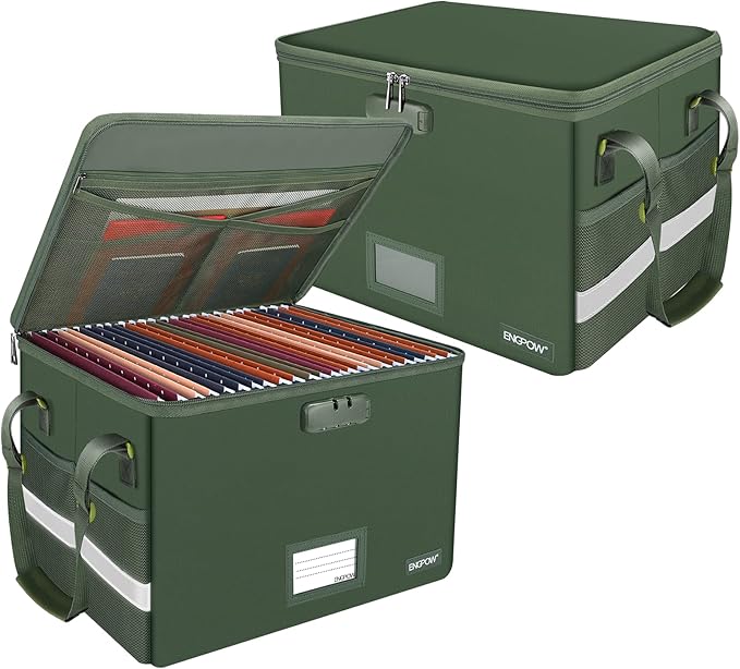ENGPOW File Box with Lock, Fireproof Document Box with Pockets, Collapsible File Organizer Filing Storage Cabinet with Handle, Portable Home Office Safe for Hanging Letter/Legal Folders,Green,2 Pack-DeskLoop Office