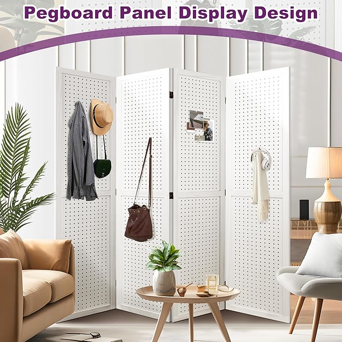 Room Divider, 5.6FT Folding Room Divider Panel, 4 Panel Pegboard Display Wood Partition Wall Divider for Room Separation& Craft Shows, White-DeskLoop Office