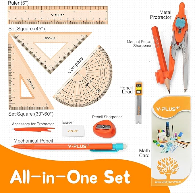 YPLUS Geometry Set for Students, Math Protractor Compass with Rulers Mechanical Pencil, Box of Protactors Kit for Class Supplies and School Kids Toddler - 12 Pcs, Back to School Supplies for Kids-DeskLoop Office