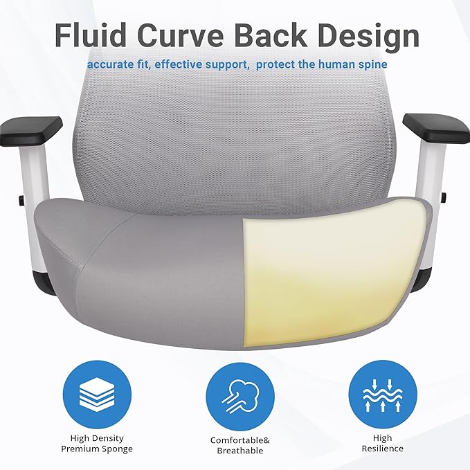 HYLONE Office Chair, 5" Thickened Seat Ergonomic Desk Chair with Adjustable Armrests, Home Office Computer Chairs for Long Hours Mesh Executive Chair(White Base&Grey)-DeskLoop Office