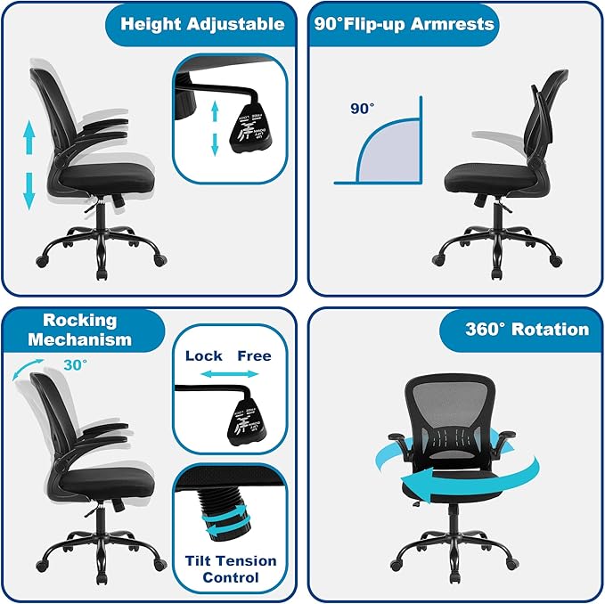 Mesh Office Chair, Ergonomic Home Office Desk Chairs with Flip-up Arms and Lumbar Support, Height Adjustable, Black-DeskLoop Office