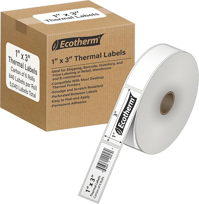 1" x 3" Thermal Labels | 6 Rolls | 5040 Labels | fits Zebra, Godex, Arkscan, iDPRT, Offnova Thermal Label Printers and More | Blank White Adhesive Stickers by Ecotherm-DeskLoop Office