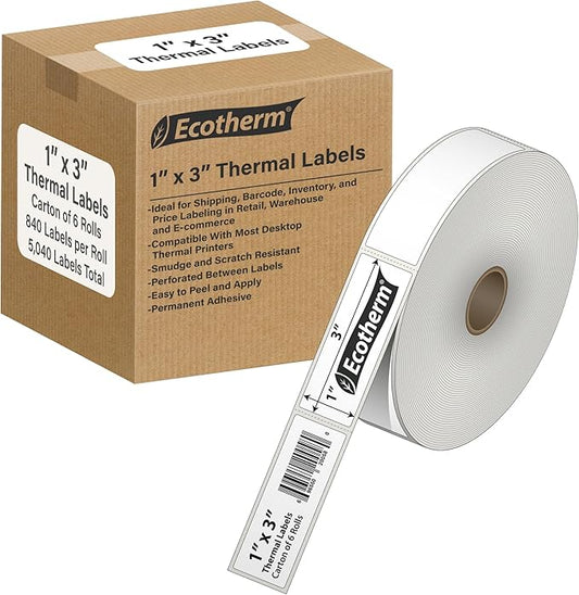 1" x 3" Thermal Labels | 6 Rolls | 5040 Labels | fits Zebra, Godex, Arkscan, iDPRT, Offnova Thermal Label Printers and More | Blank White Adhesive Stickers by Ecotherm-DeskLoop Office