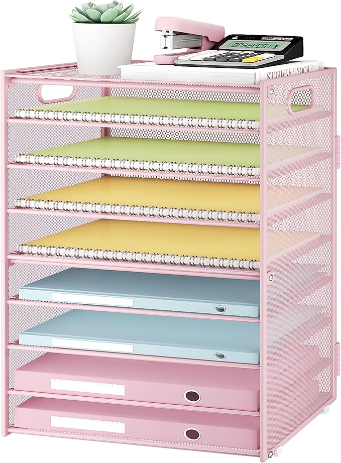 Subekyu 9 Tier Paper Letter File Tray Organizer for Desk, Pink Large Mesh Desk Folder Sorter Organizer with Handle, Include 6 Pcs Adjustable Height Slid Tray for Office Home School Supplies Storage-DeskLoop Office