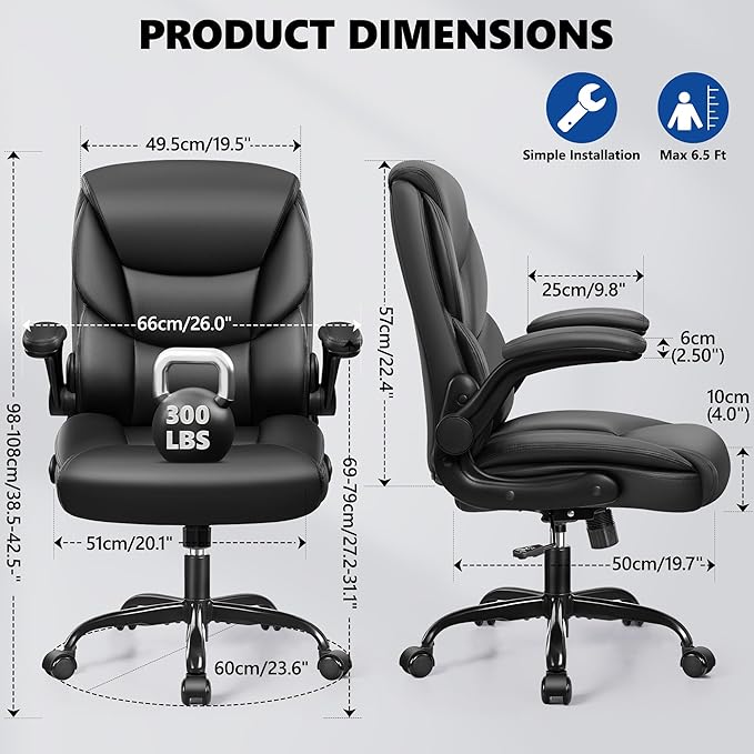 PU Leather Executive Office Chair, Ergonomic High-Back Computer & Gaming Chair with Adjustable Height, Rolling Swivel & Flip-Up Armrests, Comfy Padded Seat for Home Office-Black-DeskLoop Office