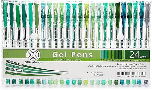 OfficeGoods Green Gel Pens with Refills – Adult Coloring Journaling Art – Medium 0.8-1.0mm Tips – Non-Toxic Gel Pens Set – Quick Dry Smudge-Free 24 Pack Colors-DeskLoop Office