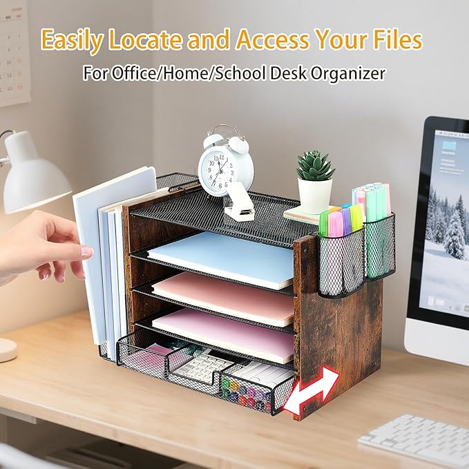 Wood Desk Organizers and Accessories with File Organizer, 5-Tier Paper Organizer with Drawer & Pen Holder, Office Desk Accessories, Workspace Desktop Storage for Office Supplies Organization(Brown)