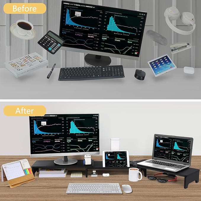 Nnewvante Monitor Stand Riser, Upgrade Height Large TV Riser, 60 inch Large Bamboo Dual Monitor Stand for Desk, 3 Shelves Desktop Screen Riser with Adjustable Length Angle for Computer Laptop Black-DeskLoop Office