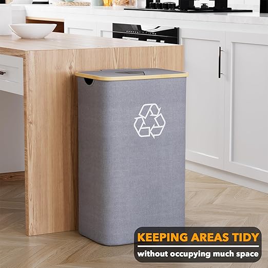 SpaceAid Recycling Bin for Kitchen 26 Gallon, 100L Recycle Bin with Lid and 2 Reusable Inner Bags, for Bottle Can Glass Plastic Stickers, Grey-DeskLoop Office