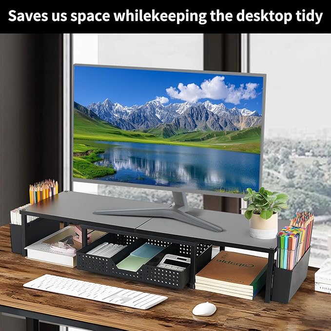 Desk Dual Monitor Stand Riser - Desk Organizer with Drawer and Pen Holders, Office Desk Accessories & Workspace Organization, Computer Monitor Stand for Laptop, Printer, TV(BLACK)-DeskLoop Office
