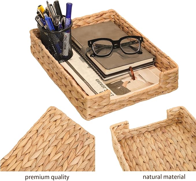 PINXIURY Water Hyacinth Letter Tray for A4 File Desk Mail Letter-Size Paper, Basket Woven Organizer, Magazine Files Storage, Office Document Organizer and Storage-DeskLoop Office
