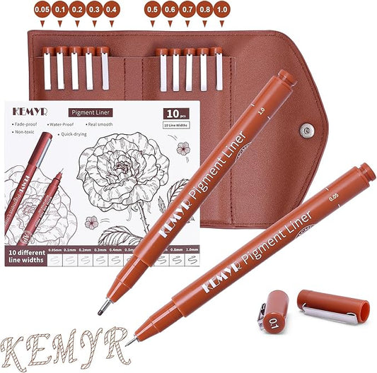 10 Micro Fine liner Drawing Art Pens Calligraphy Pens: 0.05mm-1.0mm Size Art supplies Waterproof Archival Sepia Ink Markers For Artists,Use for Professional Watercolor,Sketching-DeskLoop Office