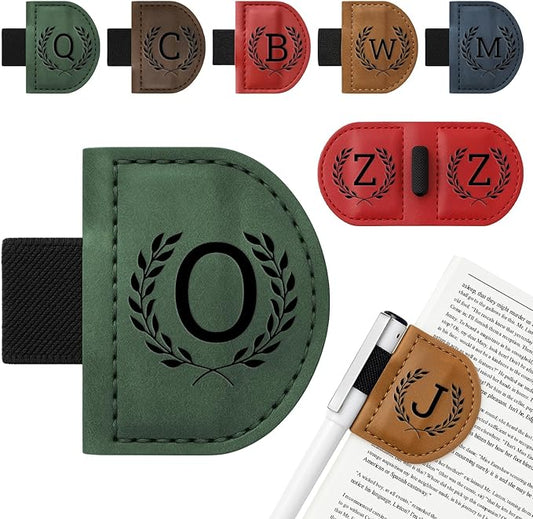 Personalized Bygone Mark Bookmark with Pen Holder,Engraving Leather Magnetic Bookmarks Vintage 26 Letters Name Initials Text Book Marker Clips Gifts for Reading Book Lovers Women (Green, O)-DeskLoop Office