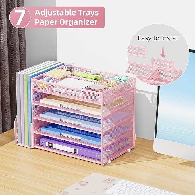 Marbrasse 5-Tier Desk Organizer with File Holder,Paper Letter Tray Organizer,Desktop File Organizer with Adjustable Compartments,Mesh Desk Organizers and Accessories for Office Supplies,Pink-DeskLoop Office