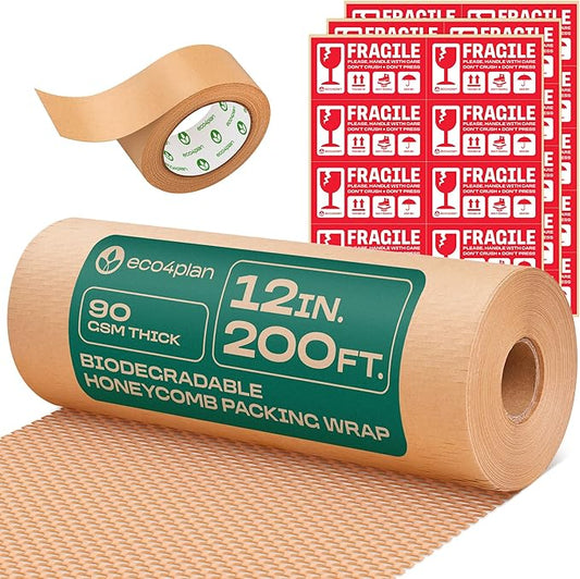 Honeycomb Packing Paper | Extra Thick 90 GSM Packing Wrap | Biodegradable Packing Materials: 12” x 200’ Moving Paper + 195’ Cellulose Adhesive Tape + 30 Fragile Stickers | Paper Bubble Wrap-DeskLoop Office