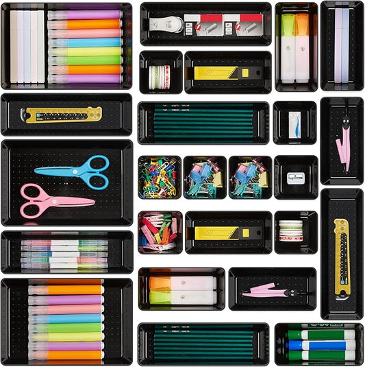 Vtopmart 25 PCS Office Desk Drawer Organizers Set, 4-Size Versatile Plastic Drawer Organizer Trays, Storage Bins for Desk Accessories Office Organizers and Storage, Bathroom, Makeup, Vanity, Black-DeskLoop Office