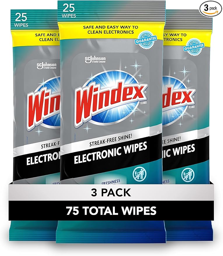 Windex Electronic Cleaning Wipes, Pre-Moistened Screen Wipes for TVs, Phones, and Other Electronics, Resealable for a Freshness Lock, 25 Count (Pack of 3)-DeskLoop Office