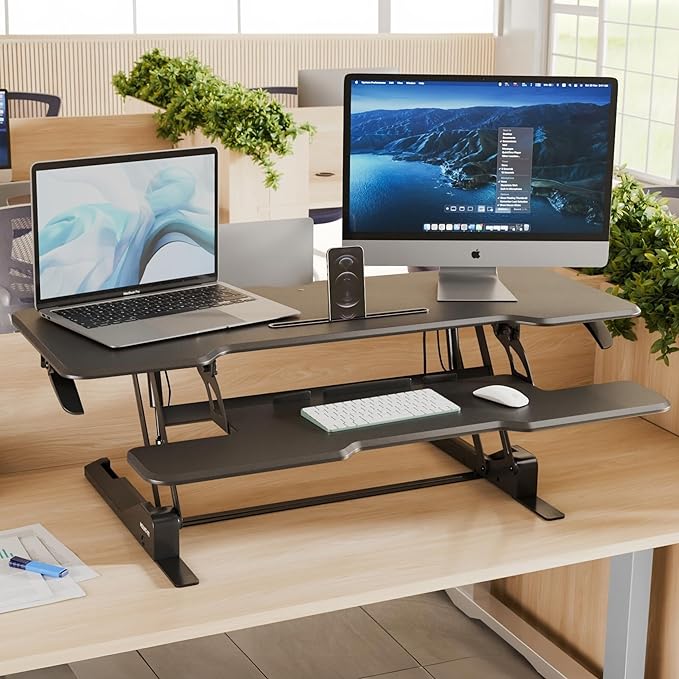Mount-It! 47" Standing Desk Converter, Large Wide Tabletop Height Adjustable Desk Riser with Gas Spring, Desktop Sit Stand Up Desk with Keyboard Tray Fits 2 Monitors or Monitor and Laptop, Black-DeskLoop Office
