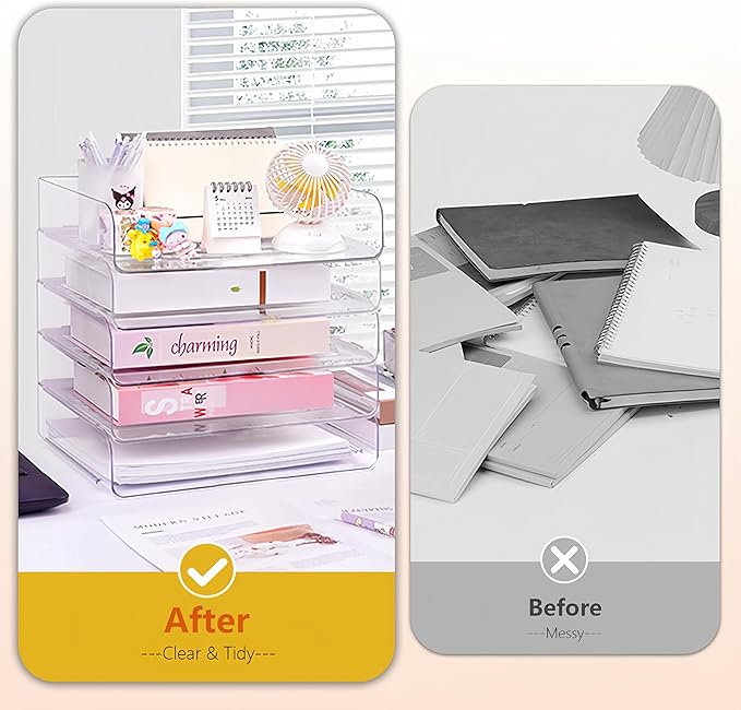 Desk Organizer Stackable Desk Paper Letter Tray Organizer Office Desktop File Paper Holder Book Storage Organization Rack (Clear, 4 x Standard Entry)-DeskLoop Office