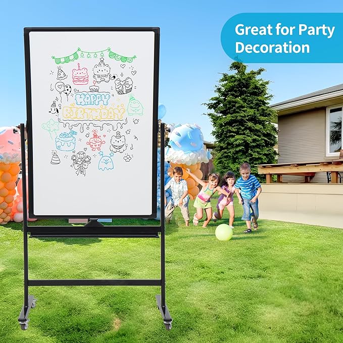 40" x 28" Double-Sided Mobile Whiteboard with Wheels | Rolling Magnetic Dry Erase Board on Stand | Adjustable Height Black Frame White Board for Office, Classroom & Home-DeskLoop Office