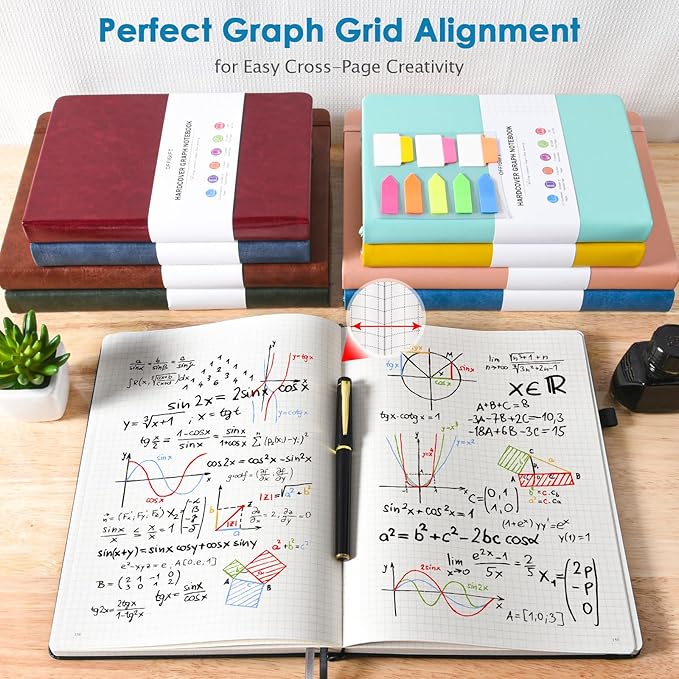 Graph Paper Notebook, 312 Numbered Pages Large A4 Hardcover Leather Journal, 100gsm No Bleed Grid Paper Notebook with Index Pages, Squared Grid Notebook for Graphing Notes Math, 8.5'' × 11'', Grey-DeskLoop Office