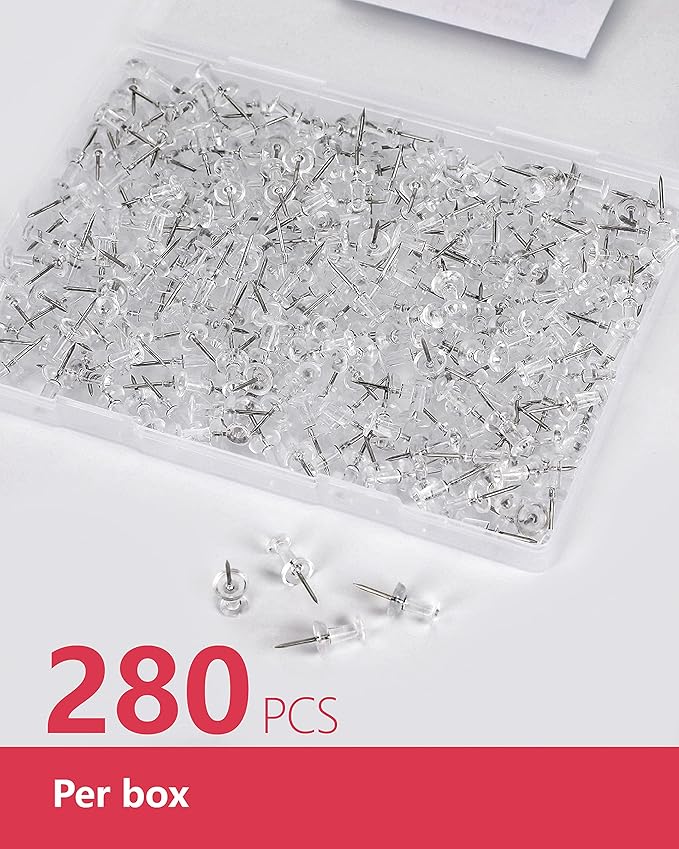 PAPERPAL 280 Clear Push Pins for Cork Board, Clear Thumb Tacks for Wall Hangings, Pushpins for Office School & Personal Use, Standard Size Push Pin Tacks-DeskLoop Office
