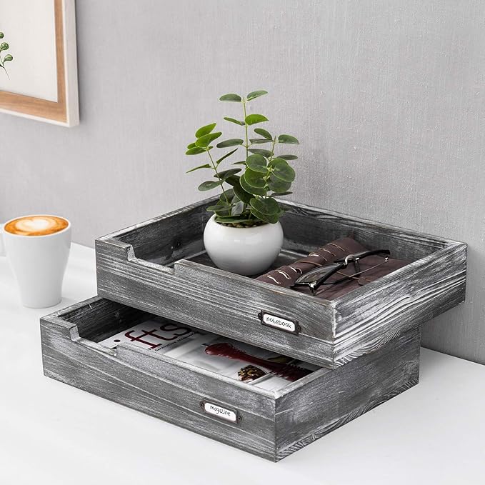 Set of 2 Ash Gray Wood Office Desktop Document Letter Paper Trays, Stackable Decorative Multipurpose File Organizer-DeskLoop Office