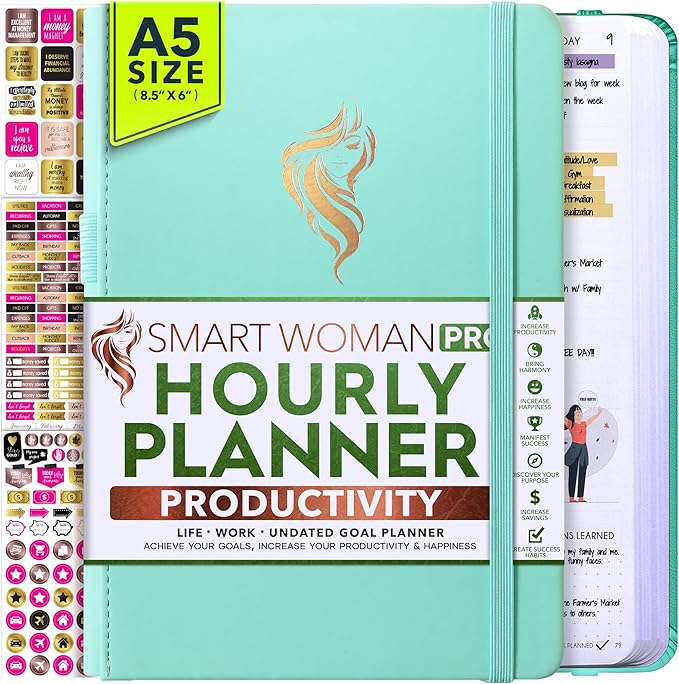 Hourly Planner - Undated Daily, Weekly & Monthly Planner with Budget Section | A 12 Month Journey to Increase Productivity & Happiness | Life Organizer & Gratitude Journal - Vertical Format-DeskLoop Office