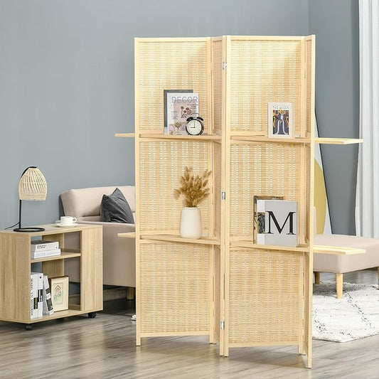 NicBex Room Divider 4 Panel Room Dividers with Storage Shelves Partition Room Dividers and Folding Privacy Screens 6 FT Wall Divider for Office, Room Separation,70.75" W x 0.75" D x 70.75" H, Natural-DeskLoop Office