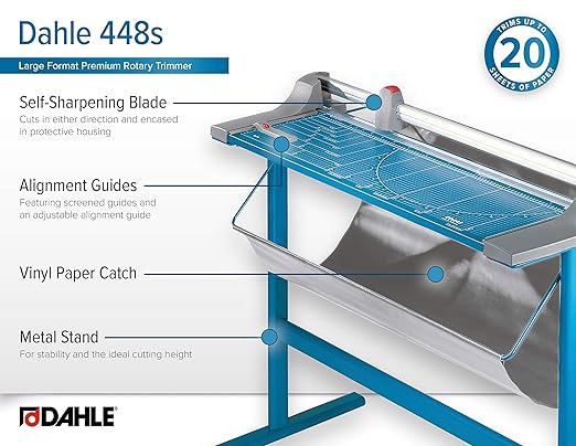 Dahle 448s Premium Rotary Trimmer w/Stand, 51" Cut Length, 20 Sheet Capacity, Self-Sharpening, Automatic Clamp, German Engineered Paper Cutter-DeskLoop Office