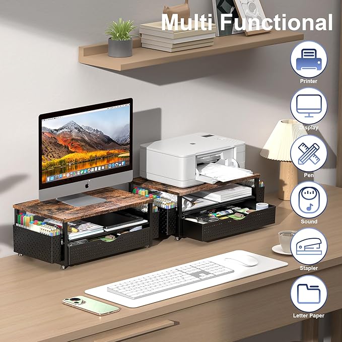 Desk Organizer and Accessories, Computer Monitor Stand Riser with Drawer and 2 Pen Holders, Office Desk Accessories & Workspace Organizers for Office Supplies (Wood)-DeskLoop Office