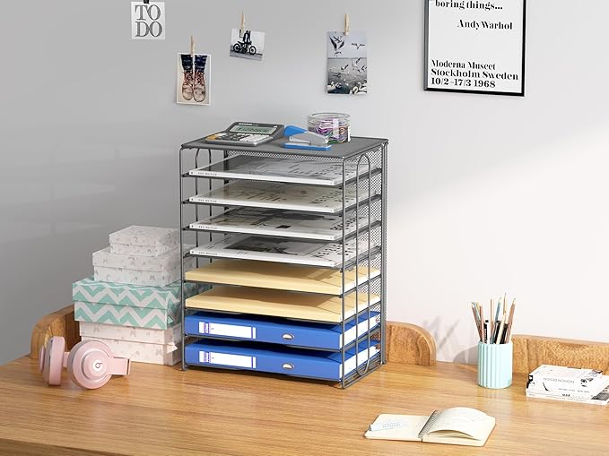 EasyPAG Mesh Desk Filer Organizer Tray 8 Slot Office Desk Paper Storage Organizer for A4 / Letter Sizer Floder, Silver-DeskLoop Office