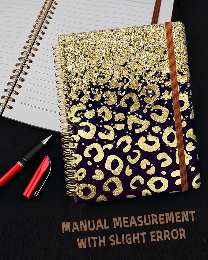 Ruled Spiral Writing Notebook,A5 Hardcover Lined College Journal for Women Lady,Fashion Puppy Watercolor Strong Twin-Wire Binding with Premium Paper,8.4" X 6",Perfect for School,Office,Home Gifts(Shiny Gold Leopard)-DeskLoop Office
