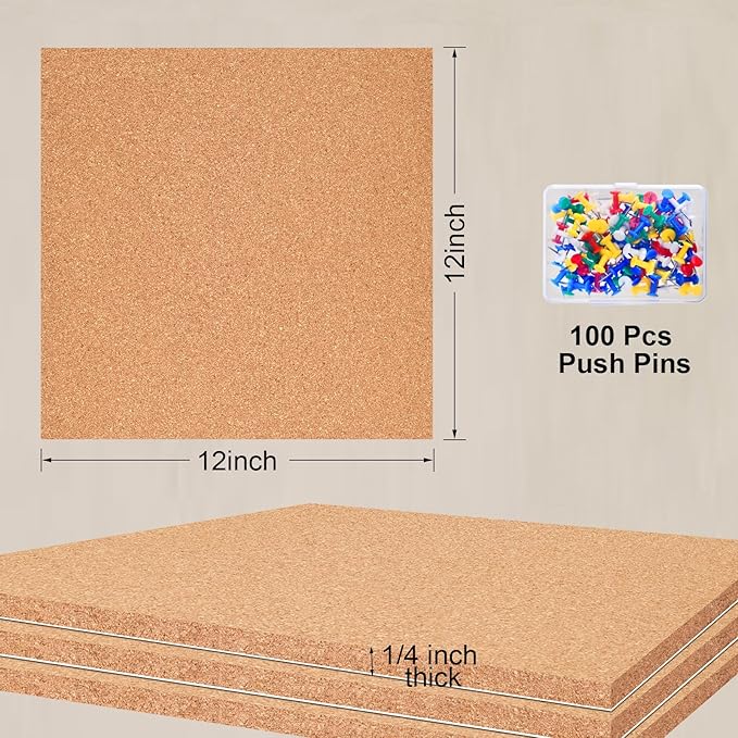 6 Pac Self-Adhesive Square Cork Boards for Wall with 100 Push Pins for Bulletin Boards Cork Wall Home School Office Decorative(12"x12"x1/4" )-DeskLoop Office