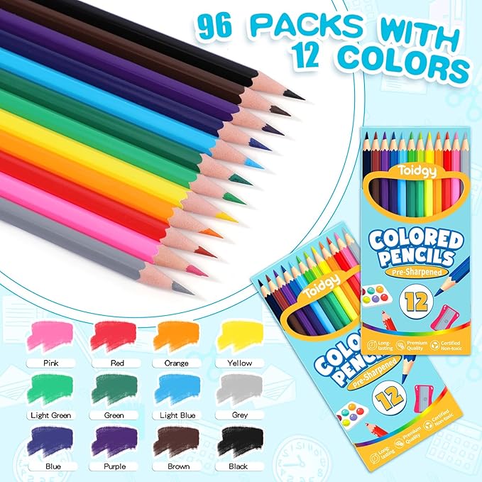 1152 Count Colored Pencils Bulk, 96 Packs Colored Pencils for Kids 12 Colors, Pre-sharpened Coloring Pencils for Adults, Bulk School Supplies for Teachers, Back to School Supplies, Classroom Prizes-DeskLoop Office