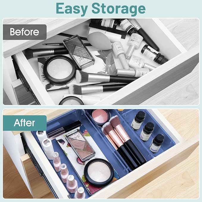 WOWBOX 25 PCS Plastic Drawer Organizer Set, 4 Sizes Desk Drawer Divider Organizers and Storage Bins for Makeup, Jewelry, Gadgets for Kitchen, Bedroom, Bathroom, Office, Clear Dark Blue-DeskLoop Office