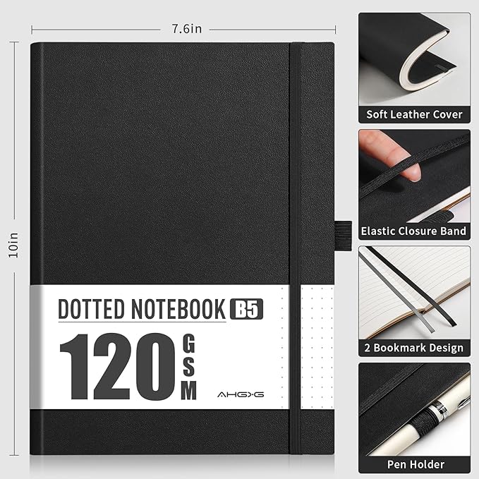 AHGXG Bullet Dotted Journal - Dot Grid Notebook Journal, 120 GSM Thick Acid-Free Paper, Large B5 Dotted Notebook 96 Pages, Leather Softcover, Inner Pocket, Journal Stencil, 7.6'' X 10'' - Black-DeskLoop Office