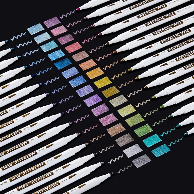 Shuttle Art Metallic Marker Pens, 30 Colors Metallic Paint Markers with 1 Coloring Book Fine Point for DIY Card, Calligraphy, Art and Crafting Projects, Works Great on Black Paper, Scrapbooks, Rock-DeskLoop Office