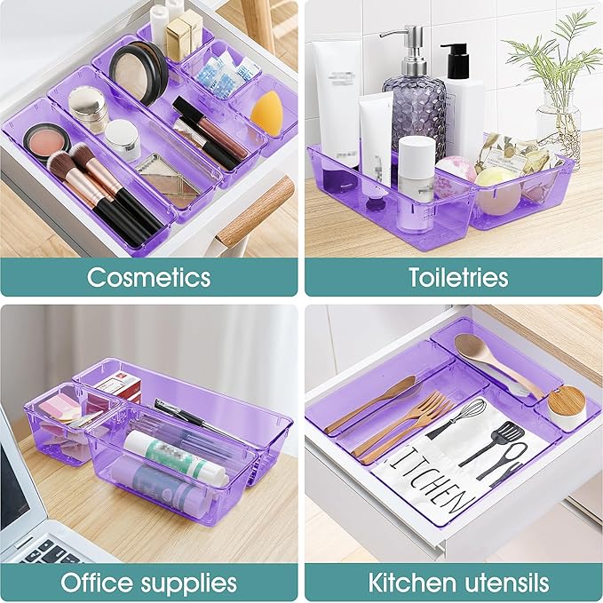 WOWBOX 25 PCS Plastic Drawer Organizer Set, Desk Drawer Divider Organizers and Storage Bins for Makeup, Jewelry, Gadgets for Kitchen, Bedroom, Bathroom, Office, Clear Purple-DeskLoop Office