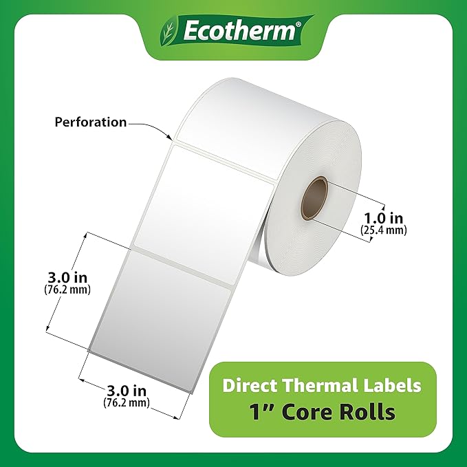 3" x 3" Thermal Labels | 4 Rolls | 2100 Labels | fits Zebra, Munbyn, Rollo, Godex, Arkscan, iDPRT, Offnova Thermal Label Printers and More | Blank White Adhesive Stickers by Ecotherm-DeskLoop Office