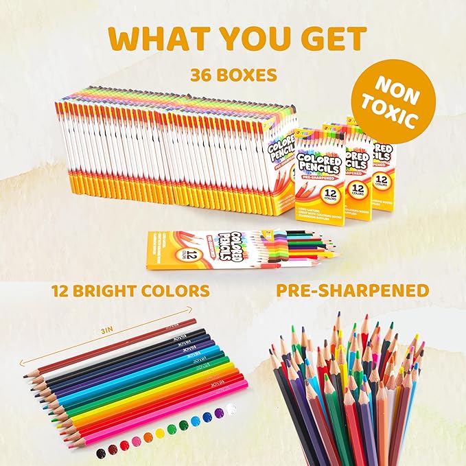 JOYIN 432 Count Colored Pencils Bulk, Colored Pencils for Kids 3+, 12 Colors, 36 Packs, Pre-sharpened Coloring Art Supplies, School Supplies-DeskLoop Office