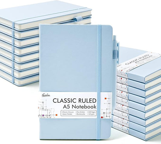 feela 18 Pack Journal Notebook for Work, Business Notebook Bulk Hardcover Lined Writing Journal with Pen Holder for Men Women Note Taking, with 18 Black Pens, 120 GSM, 5.1”x8.3”, A5, Light Blue-DeskLoop Office