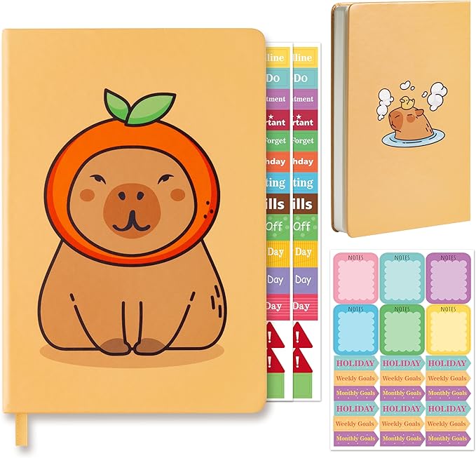 B1ykin Hardcover Ruled Journal Notebook with Planner Stickers, 196 Pages PU Leather Journal Notebook Journals Diary Notepad for Writing Travel Business Work School College Note Taking (Capybara)-DeskLoop Office