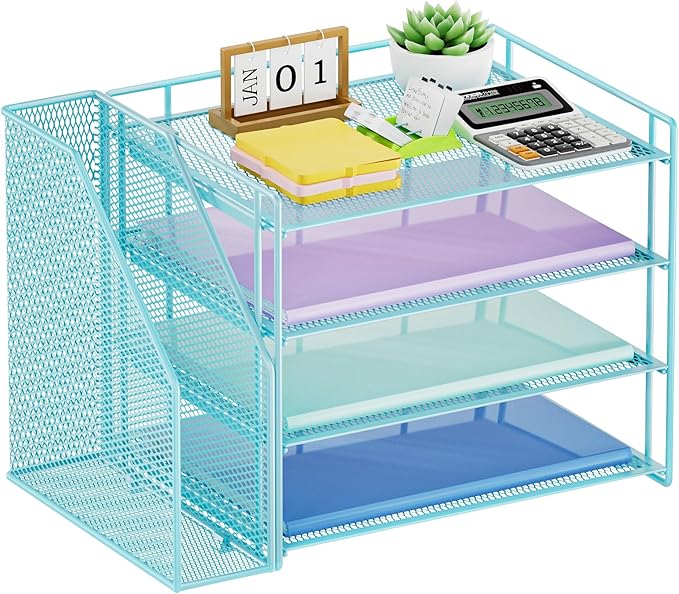 Marbrasse Desk Organizer and Accessories,4-Tier Paper Letter Tray Organizer with File Holder,Desk Accessories & Workspace Desktop Organizers for School Home Office Supplies (Blue)-DeskLoop Office