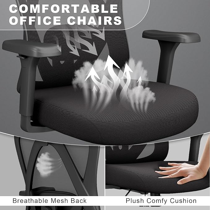 Ergonomic Office Chairs with Adjustable Headrest and Lumbar Support, High Back Mesh Home Computer Desk Chairs with 3D Armrest, 360° Swivel Wheels and Rocking Function, Black-DeskLoop Office